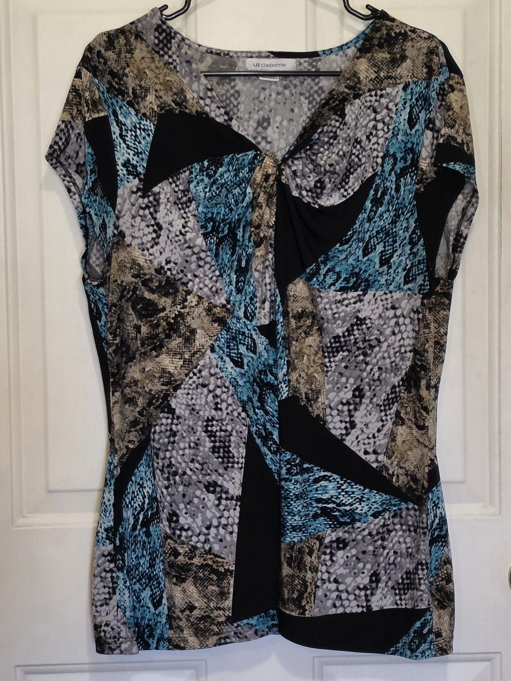 Liz Claiborne XL Black, Blue & Tan Abstract Print Short Sleeve Top